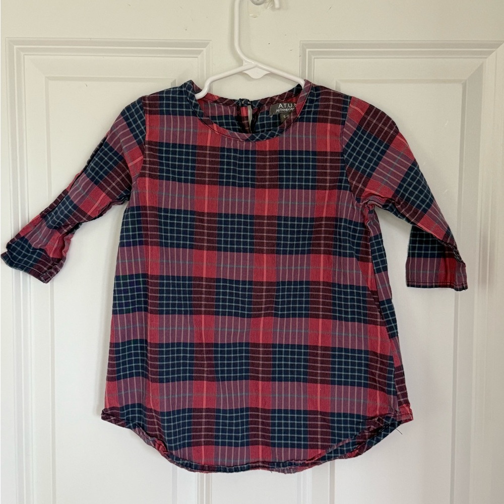 Classic Red and Blue Tartan Blouse with 3/4 Sleeves - Size 5/6t